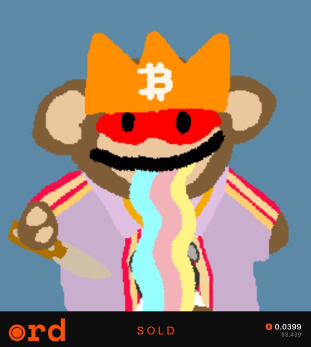 A pixel-art NFT character featuring a monkey in a crown and purple robe is shown as sold for 0.0399 ETH ($3,439).