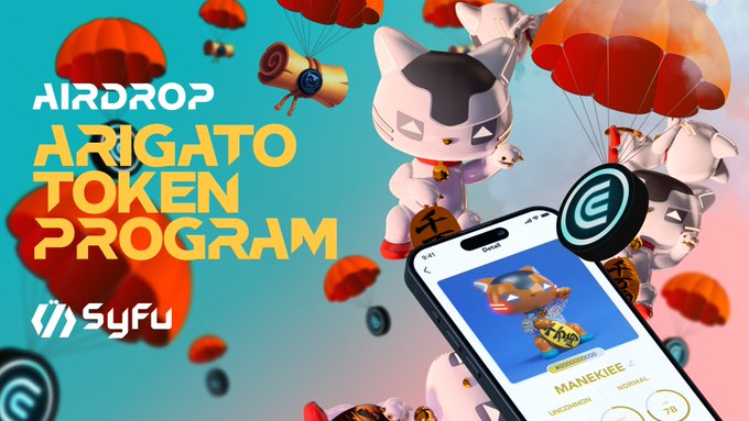 The image features a promotional graphic for SyFu's "Airdrop Arigato Token Program," displaying cartoon characters in astronaut suits parachuting with branded loot boxes, alongside a smartphone screen showing a digital NFT collectible card labeled "MANEKIEE" with stats like 76, celebrating the delivery of 543,700 Econ tokens to 821 participants as thanks for their support since the test alpha version.