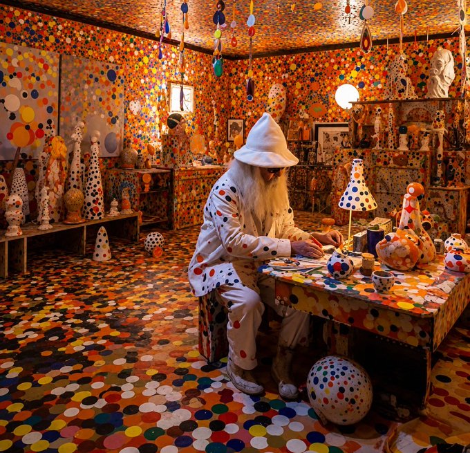A photograph captures an elderly figure with a long white beard, dressed in a polka-dotted white suit and hat, working in a room completely covered in colorful polka dots, filled with various sculptures and art objects.