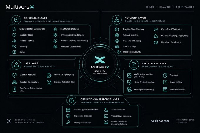 A technical infographic titled "MultiversX" outlining its security mechanisms across five layers: Consensus, Network, User, Application, and Operations & Response.