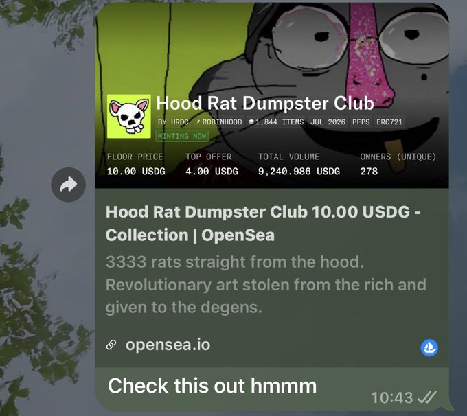 A messaging-app screenshot shares a Hood Rat Dumpster Club NFT collection on OpenSea, showing a 10.00 USDG floor price and 9,240.986 USDG total volume. The accompanying post says, “All I was supposed to do was mint for $5 or max mint,” apparently commenting on the NFT minting experience.