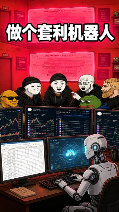 A meme-style image with Chinese text '做个套利机器人' showing cartoon characters and a robot trader in front of multiple cryptocurrency trading screens.