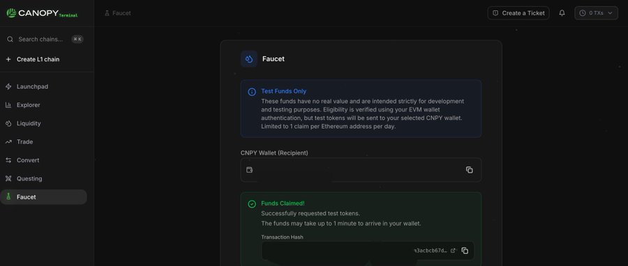 Canopy Terminal Faucet page where test funds were successfully claimed to a CNPY wallet, displaying a transaction hash.