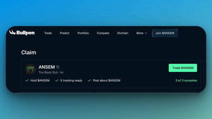 A screenshot of Bullpen's "Claim" interface for the $ANSEM token, showing all three claim requirements complete (Hold $ANSEM, X tracking ready, and Post about $ANSEM), with a "Trade $ANSEM" button highlighting the token's accessibility on the platform—visually reinforcing the memecoin's connection to influencer-driven narratives on Solana.