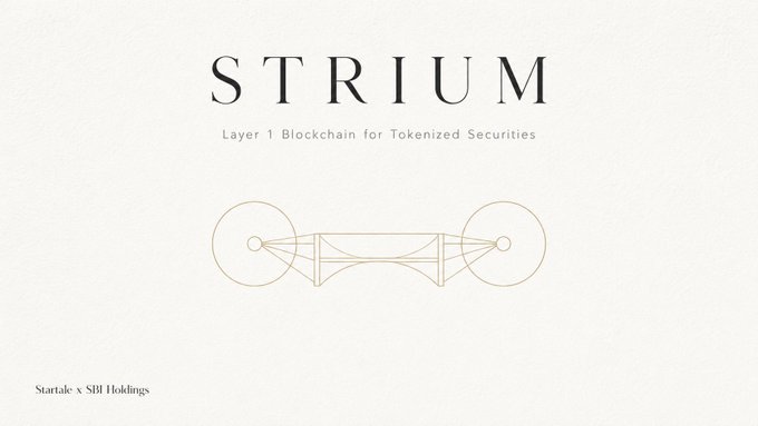 A minimalist white and gold logo for 'STRIUM', described as a 'Layer 1 Blockchain for Tokenized Securities' by Startake x SIB Holdings.