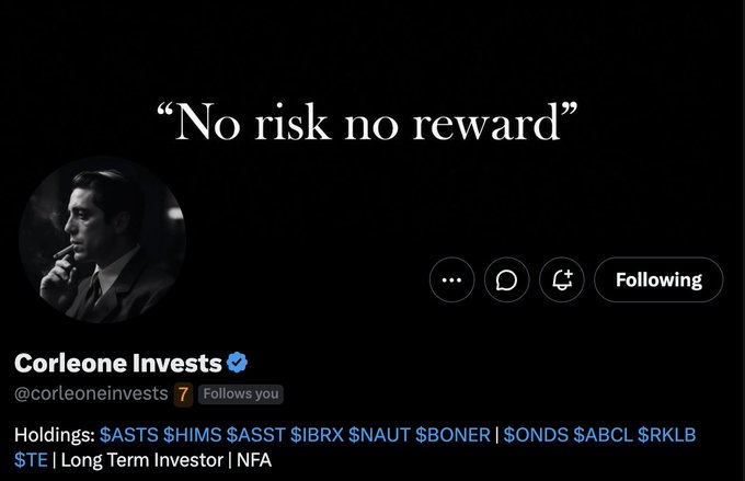 Twitter/X profile page for 'Corleone Invests' (@corleoneinvests) displaying 'No risk no reward' header text, a vintage profile photo of a man smoking, and holdings listed as $ASTS, $IMS, $ASST, $IBRX, $NAUT, $ONER, $ONDS, $ABCL, $RKLB, $TE.