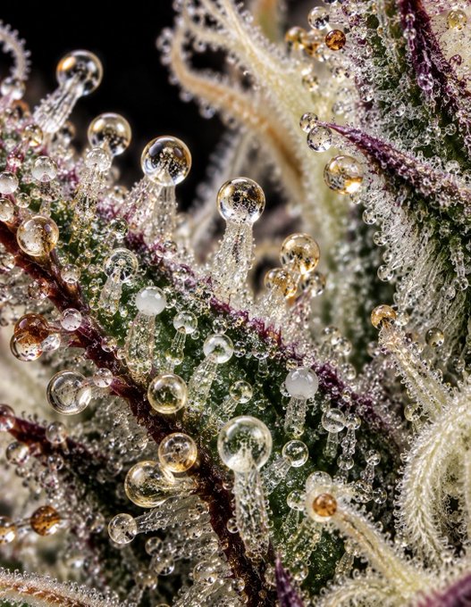 An extreme close-up macro photograph of a cannabis flower covered in frosty trichomes and amber-colored resin glands.