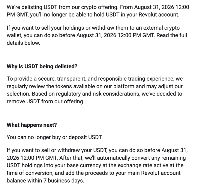 A Revolut announcement stating that USDT is being delisted from their crypto offering effective August 31, 2026, with remaining holdings automatically converted to base currency after that date—context for the post celebrating USDT's removal from a major platform.