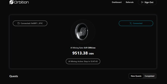 A dashboard interface for 'Orbion' showing an AI Mining Rate of 0.01 OBN/sec and 9513.38 OBN accumulated, with a timer 'AI Mining Active: Stop in 12:47:43' and connections to 'Connected: 0x0BF7...3F1C' and 'X Connected'.