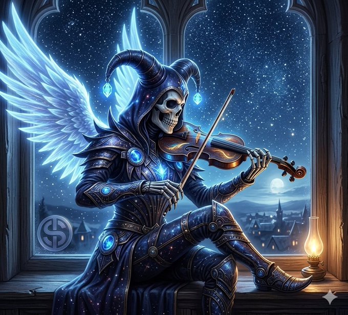 A fantasy illustration depicts a horned skeleton in starry blue armor playing a violin, accompanied by glowing blue wings, set against a window overlooking a nighttime village.
