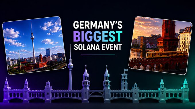 The image is an advertisement promoting Germany's biggest solana event. It features a cityscape with buildings, including a castle and a tower, as well as the Berlin skyline. The caption of the post emphasizes that the event is scheduled for June 13 in Berlin and encourages people from across the community to attend.