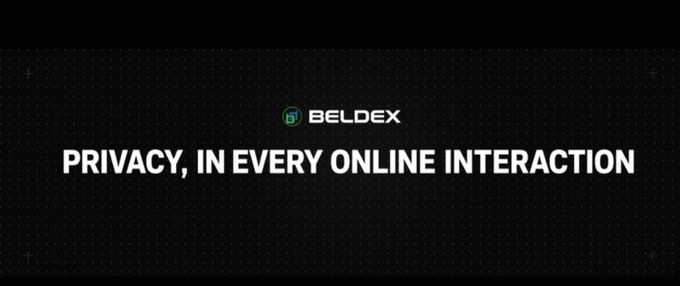 A dark screen displaying the Beldex logo with the tagline 'PRIVACY, IN EVERY ONLINE INTERACTION'.