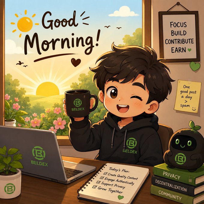 An illustrated 'Good Morning!' scene shows a cheerful boy holding a 'BELDEX' mug at a desk with a BELDEX-branded laptop, a to-do list, and a small BELDEX mascot on books labeled 'PRIVACY,' 'DECENTRALIZATION,' and 'COMMUNITY.'