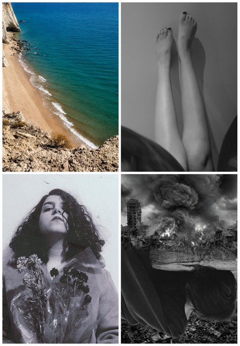 A four-panel collage with images of a beach/coastline, bare legs, a girl holding flowers, and a person lying on the ground near a dark cityscape.