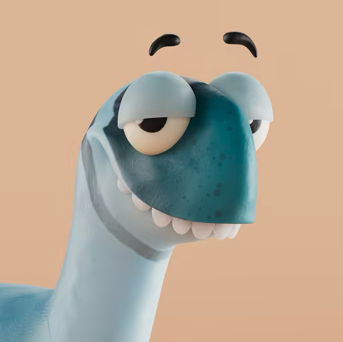 A 3D-rendered cartoon character with a green and blue face, droopy eyes, raised eyebrows, and a toothy grin against a peach background.