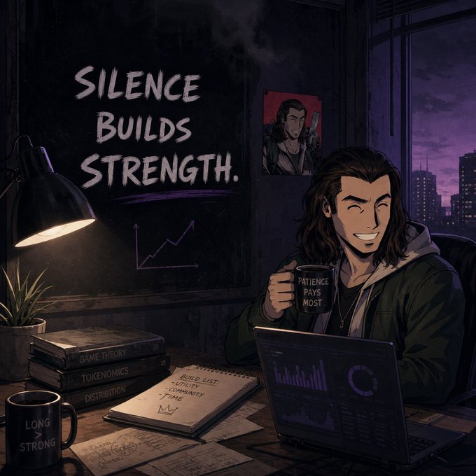 The image shows a long-haired man sitting at a dimly lit desk with a city skyline view, smiling while holding a black mug that reads "PATIENCE PAYS MOST," with "SILENCE BUILDS STRENGTH" written on a chalkboard behind him alongside a rising chart. His desk is covered with reference books labeled "GAME THEORY," "TOKENOMICS," and "DISTRIBUTION," plus a notebook listing "UTILITY, COMMUNITY, TIME," and a laptop displaying upward-trending graphs, while another mug reads "LONG > STRONG." This visually reinforces the post's message that true project strength comes from quiet, methodical work and long-term patience rather than chasing instant liquidity hype.