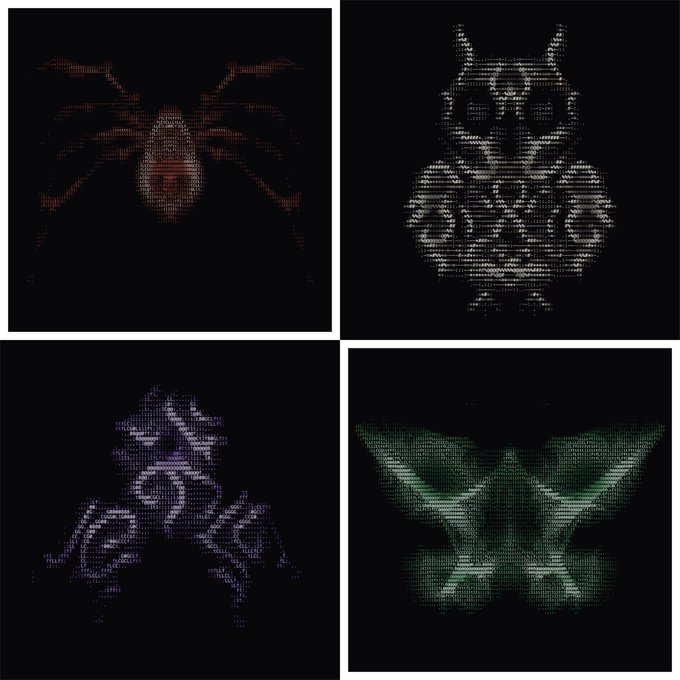 Four pixelated, symmetrical creature-like sprites in red, white, purple, and green on black backgrounds. The image appears unrelated to the post's text about collecting NTRPY tokens and crypto partnerships.