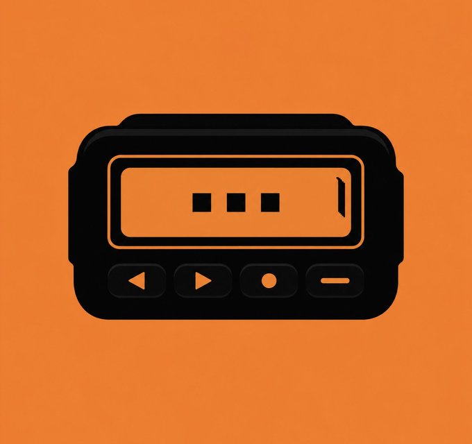 A black and orange pager device displaying three dots on its screen, with playback controls (back, play/pause, record, and menu) below. The image evokes a retro tech aesthetic that complements the post's nostalgic reference to "Stonkbrokers" as the Bitcoin pagers of Robinhood (RH).