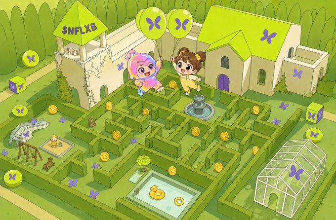 An isometric cartoon-style illustration shows a hedge maze garden with characters holding balloons, labeled '$NFLXB' on a tower structure.