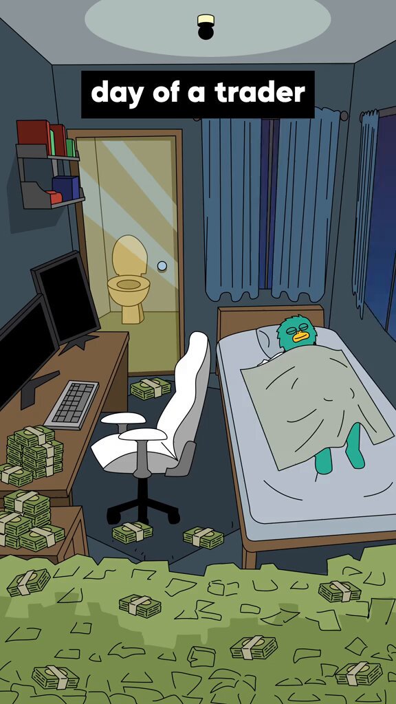 The image features a cartoon depiction of a room with a bed, chair, desk, and computer monitor. A green frog is lying down on the bed, surrounded by stacks of money. The room appears to be messy or disorganized, possibly due to the presence of the frog. The caption "day of a trader" suggests that this scene might be related to trading activities in the market, with the frog symbolizing potential risks and challenges associated with such endeavors.