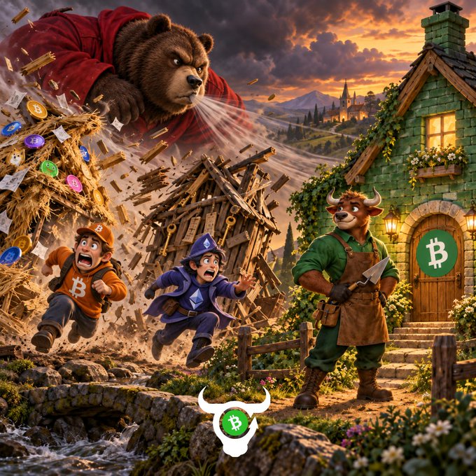 A vibrant digital illustration depicts a giant bear in a red hoodie blowing a windstorm of cryptocurrency coins and hay at fleeing Bitcoin and Ethereum characters, while a bull stands nearby near a cottage with a Bitcoin logo.