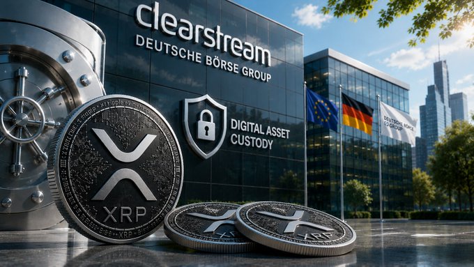 The image displays XRP coins in front of a Clearstream building, symbolizing the company's new digital asset custody offering for XRP. The Clearstream and Deutsche Börse Group logos are prominently visible on the building.