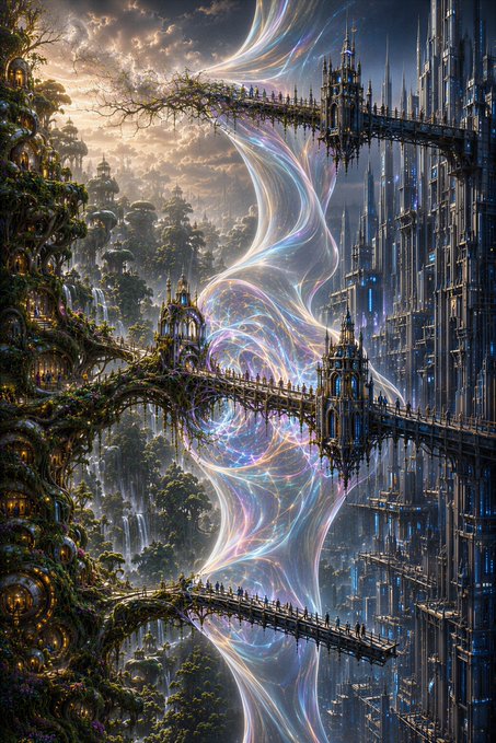 A breathtaking artwork for the #EIRENIA collection depicting "Peace at its Core," showing a striking contrast between a dark, segmented futuristic structure and a serene scene of people sitting peacefully by a tranquil body of water beneath a colorful sky. This 1/1 original 150tz piece (49MB) visually embodies the artist's deep exploration of peace, blending stark architectural elements with a calm, meditative human gathering.