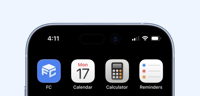 Close-up of an iPhone screen showing the time 4:11 and four app icons labeled FC, Calendar (Mon 17), Calculator, and Reminders.