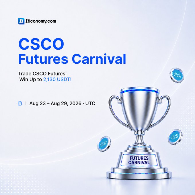 Biconomy.com advertisement for a 'CSCO Futures Carnival' trading promotion running Aug 23–29, 2026 (UTC), offering up to 2,130 USDT in prizes, featuring a silver trophy and Cisco-themed tokens.
