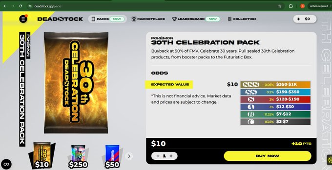 A webpage screenshot from Deadstock displays a 'Pokémon 30th Celebration Pack' with prices and market odds listed.