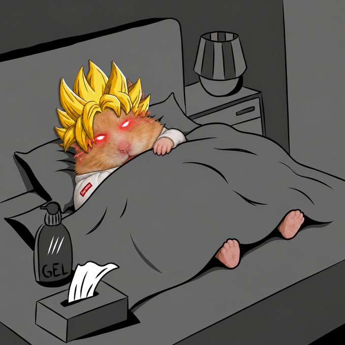 A hamster with glowing red eyes and spiky Super Saiyan-style yellow hair lies sick in bed under gray covers, wearing a Supreme shirt. The image humorously relates to the caption by depicting the "poor little hamster" the owner got as a meme, stylized with Dragon Ball Z's most iconic transformation.