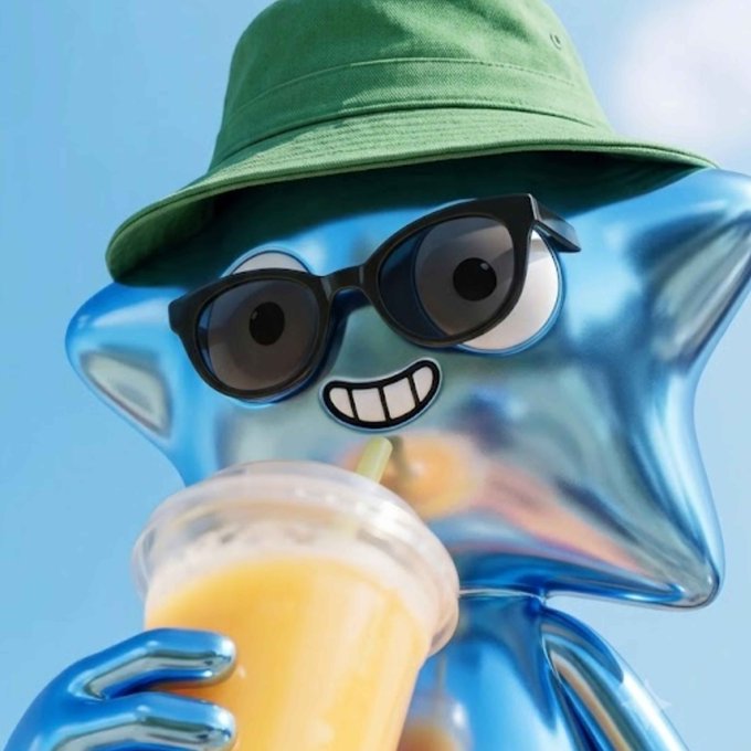 3D-rendered metallic blue character wearing a green bucket hat, black sunglasses, and a toothy grin, holding an orange smoothie drink against a sky background.