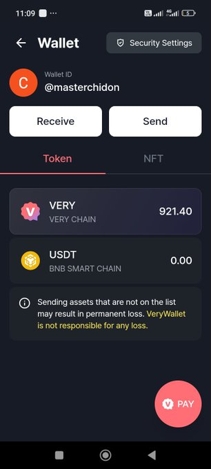 A mobile wallet screenshot displays the VeryWallet app showing a balance of 921.40 $VERY tokens (Very Chain) and 0.00 USDT on BNB Smart Chain, matching the post's reference to holding $VERY. The wallet ID shown is @masterchidon, supporting the user's pride in their $VERY holdings.