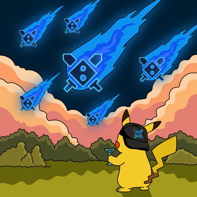 A Pikachu wearing a black cap marked with a blue “DUEL” skull logo holds a cocktail while watching fiery blue meteor-like symbols streak across a sunset sky. The image illustrates the post’s “DAY 17” giveaway update for “@Duelbits 2.0,” near completion.