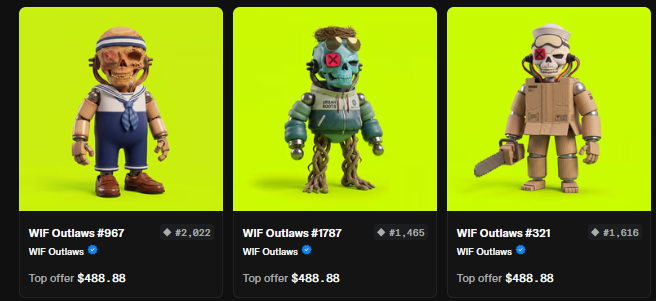 Three 'WIF Outlaws' NFT collectible figurines (#967, #1787, #321) are displayed with top offer prices of $488.88 each.