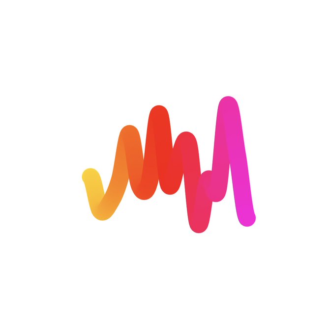A colorful, gradient sound wave or scribble logo transitioning from yellow to orange, red, and pink on a white background.