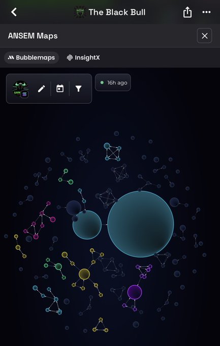 A mobile screenshot displays an 'ANSEM Maps' application showing a colorful network visualization of connected nodes on a dark background, with options for 'Bubblemaps' and 'InsightX' and a timestamp of '16h ago'.