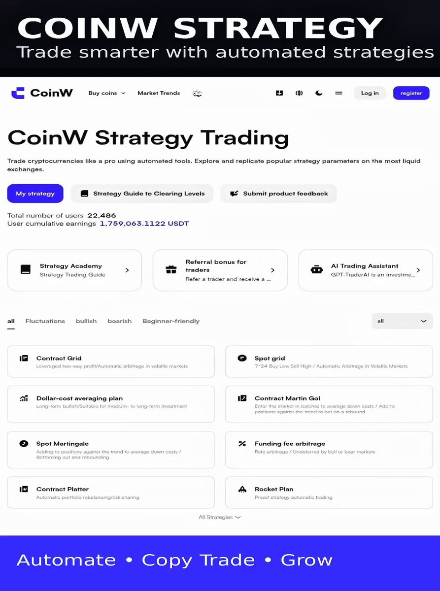 The image features a screenshot of a coin trading website called CoinW Strategy Plaza. The website has been performing well with an impressive +3.74% return over the past 30 days. It offers various strategies for trading, including automatic trading options that can help users stay ahead in the market even during tough times.