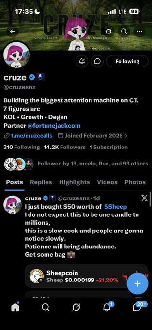 A Twitter/X profile for "cruze" (@cruzesnz) with a pinned tweet about buying $50 of $Sheep, with Sheepcoin shown at $0.000199.