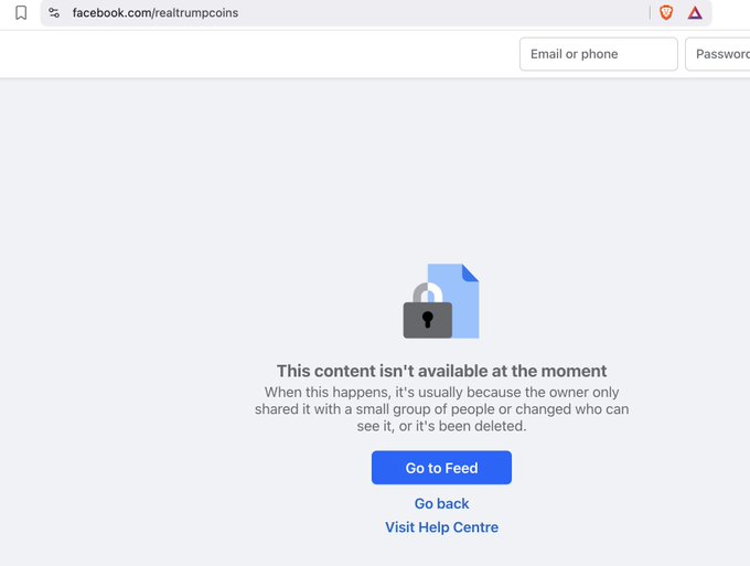 A Facebook page for "realtrumpcoins" displays an "unavailable content" message with a lock icon, indicating the page has been deleted or restricted. This supports the post's claim that the legitimate TrumpCoins website migrated to trumpcoins.com in 2024, and while they removed the Facebook page, they neglected to delete their X and Instagram accounts—suggesting the post featuring the Solana address (EMWtbpHaNqMbjUMZguuazhuZUVLWG3z4C5oZnGJPSqxS) is fraudulent.