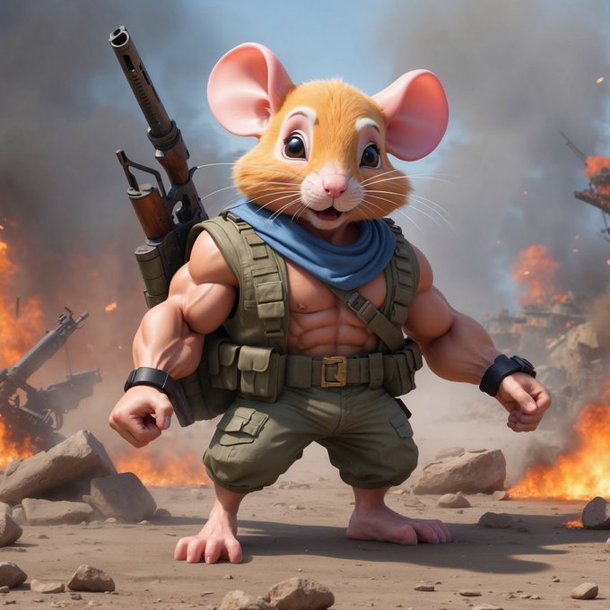 A 3D-rendered anthropomorphic mouse with a muscular human body, wearing military gear and carrying a rifle, stands in a fiery battlefield.