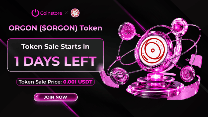 The image is a promotional banner for the ORGON ($ORGON) token sale on Coinstore, featuring a countdown stating "1 DAYS LEFT" and a token sale price of 0.001 USDT, accompanied by a pink-hued 3D render of an atomic-style sculpture with the ORGON logo. It visually reinforces the post's 24-hour countdown message and call-to-action "JOIN NOW" button, aligning with the urgency of ORGON.SPACE's upcoming decentralized blockchain infrastructure launch.