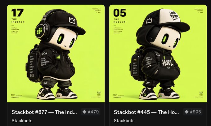 Two Stackbot NFT collectibles, #877 'The Indexer' and #445 'The Hodler', are displayed wearing black streetwear, caps, and backpacks with various crypto-related patches.