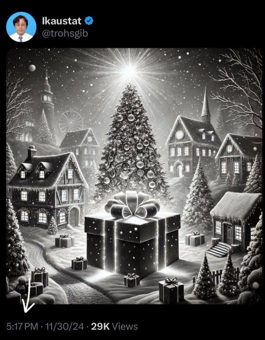 A grayscale illustration shows a snowy Christmas village scene featuring a large decorated tree, surrounded by houses, smaller trees, and wrapped gifts. The post by @trohsgib simply reads "Today," suggesting the image marks the start of the Christmas season.