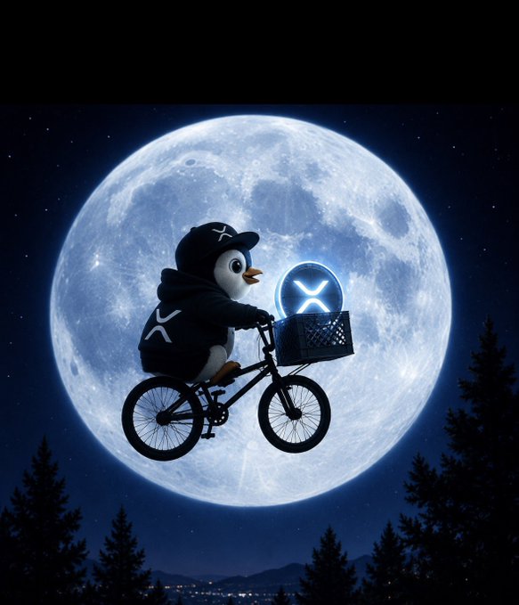 A whimsical digital illustration of a penguin wearing a hood riding a bicycle with a glowing XRP/X logo in the basket, silhouetted against a massive full moon.