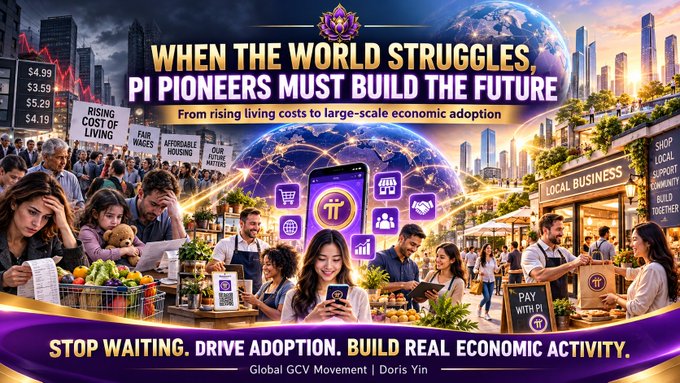 A promotional crypto graphic reads “WHEN THE WORLD STRUGGLES, PI PIONEERS MUST BUILD THE FUTURE,” “From rising living costs to large-scale economic adoption,” and “STOP WAITING. DRIVE ADOPTION. BUILD REAL ECONOMIC ACTIVITY. Global GCV Movement | Doris Yin.”
