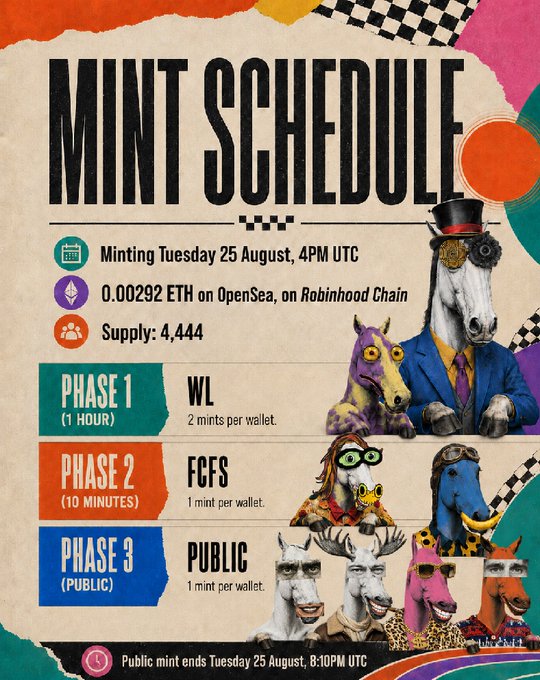 A 'MINT SCHEDULE' poster for an NFT collection featuring cartoon horses, listing details for minting on Tuesday 25 August at 4PM UTC, with phases for WL, FCFS, and Public sales.