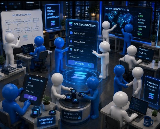 A 3D-rendered scene of blue and white figures working around floating screens displaying Solana network information, including text like 'SOLANA ECOSYSTEM', 'FAST SCALABLE SECURE DECENTRALIZED', 'SOL TRANSACTION', and 'STAKING SOL'.