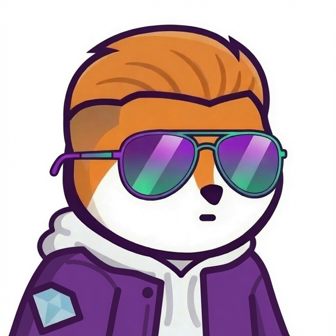 A cartoon fox avatar with orange and white fur wears purple-framed sunglasses with iridescent lenses and a purple jacket featuring a diamond-shaped patch. The character's cool, styled appearance complements the upbeat "GM GM!" greeting, giving off a confident and playful vibe.