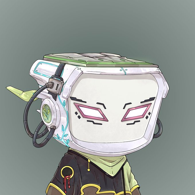 An anime-style illustration of a small robot character with a boxy white head featuring pink-rimmed digital eyes, green plant-themed accents, and dark clothing with gold trim.